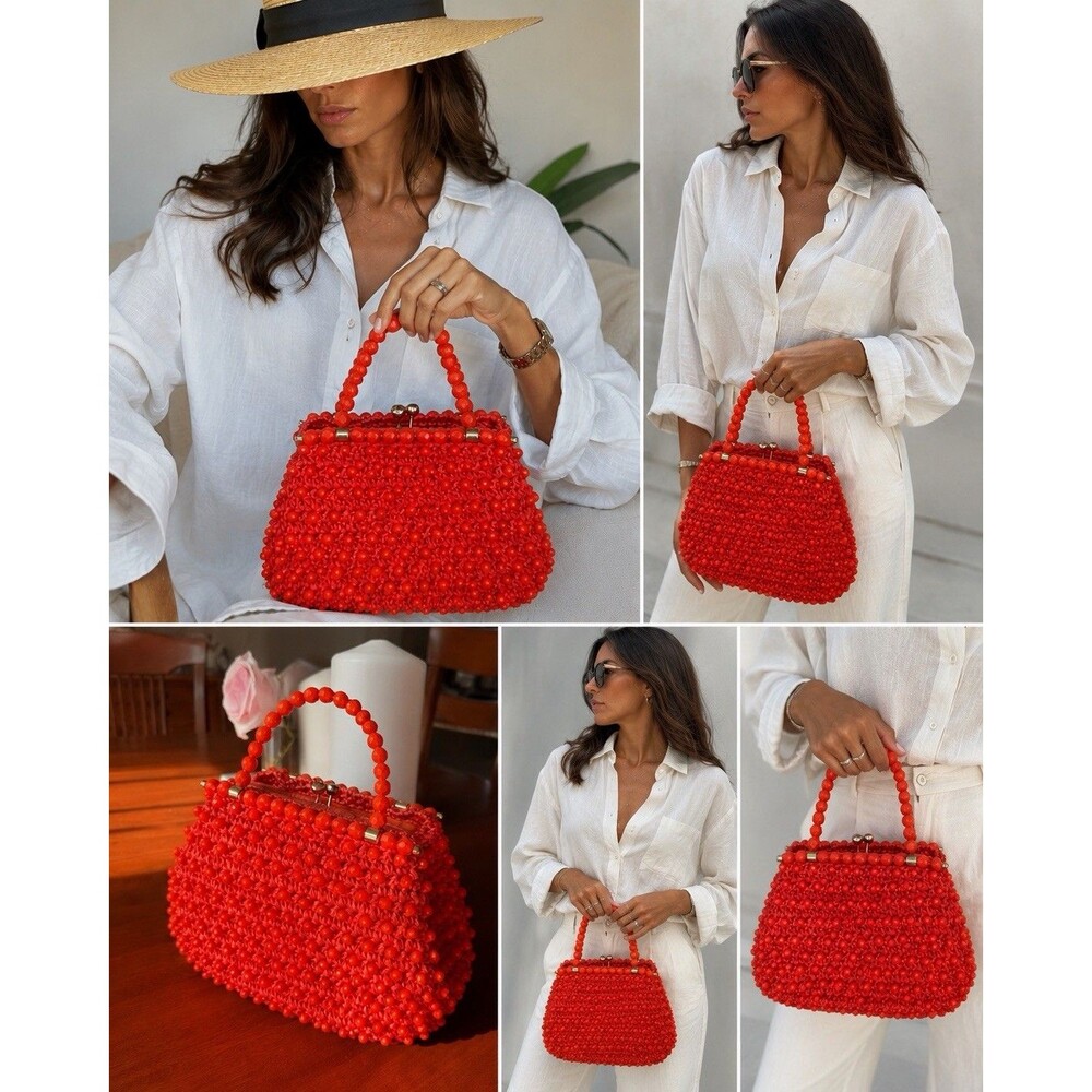 Vintage Donna Coral Beaded Top Handle Handbag Made in Japan John Wind Kiss Lock